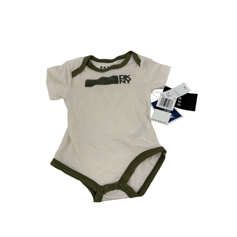 DKNY Baby Boys Logo Bodysuit Cream Olive Green 3-6M NWT